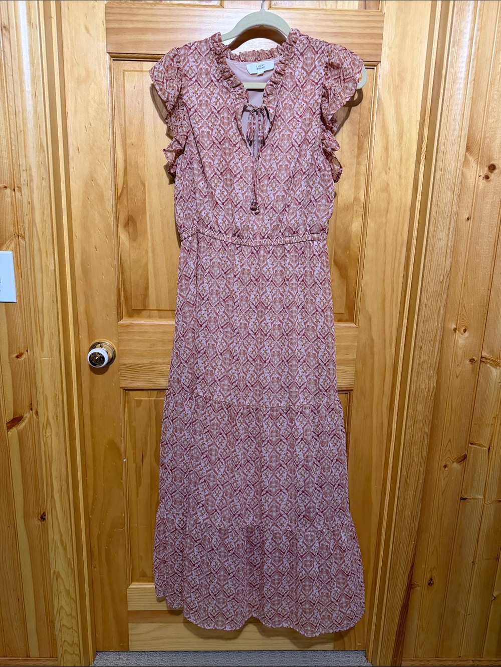 Lucky Brand Ruffled Tie-Neck Tiered Maxi Dress Tan & Dusty Rose with Gold Thread